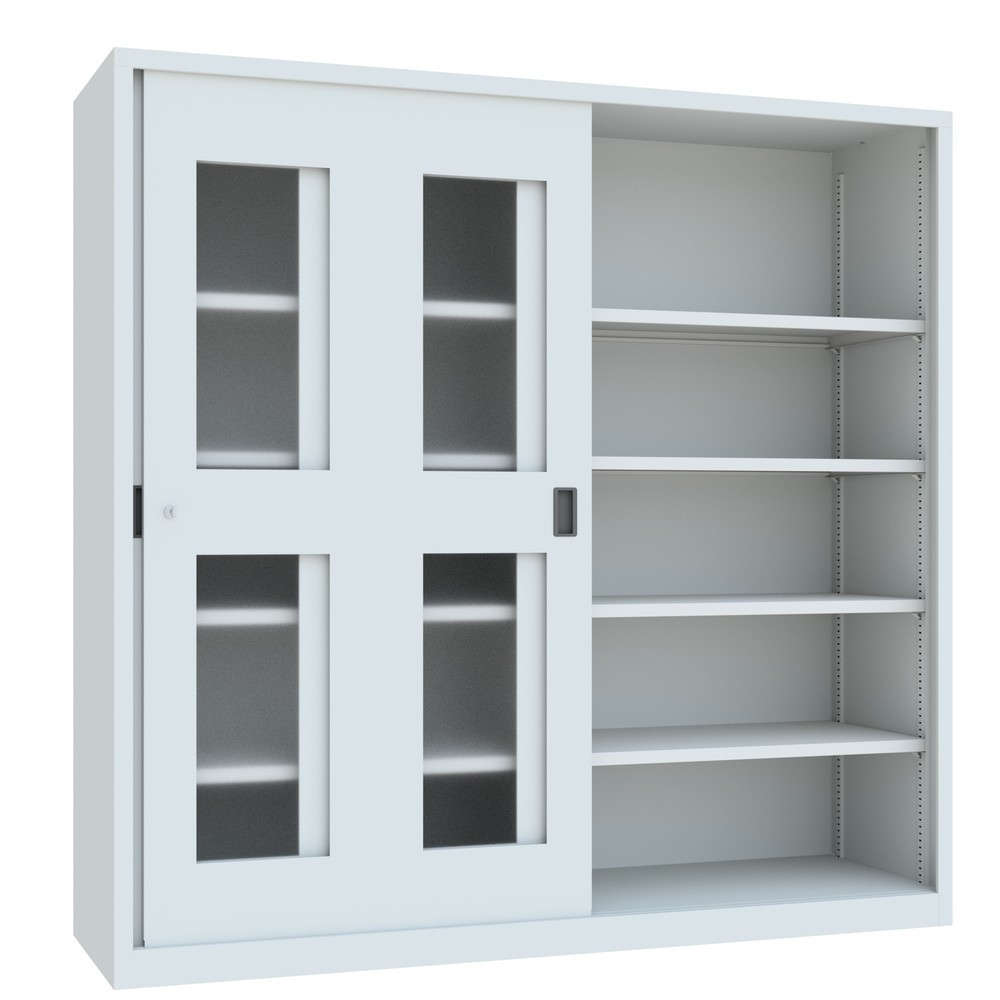 N° de l'image du produit 4 : Armoire à portes coulissantes PAVOY avec regards + 8 tablettes + cloison de séparation, H x l x P 1 950 x 2 000 x 600 mm, gris clair, gris clair