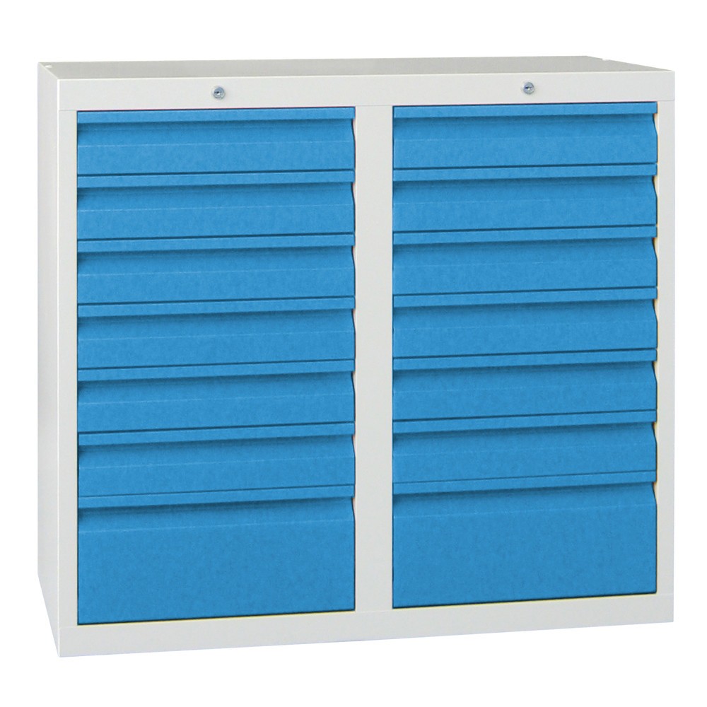 Illustration du produit: Armoire à tiroirs légère PAVOY, guidage à galets, tiroirs 12 x 100 mm + 2 x 200 mm, largeur 1 000 mm, bleu clair, gris clair