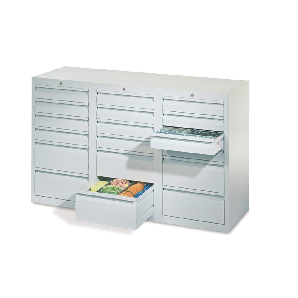 Illustration du produit: Armoire à tiroirs légère PAVOY, guidage à coulissement, tiroirs 12 x 100 mm + 6 x 200 mm, largeur 1 500 m, gris anthracite, gris clair
