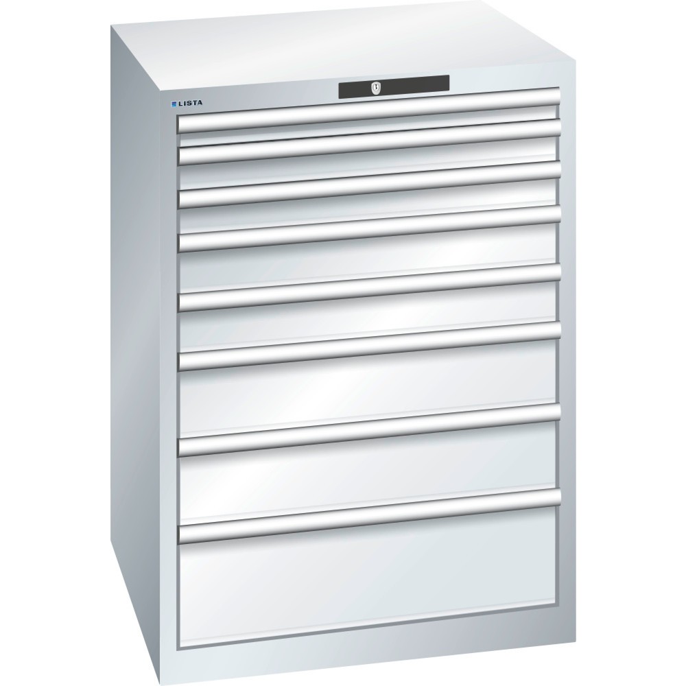 Illustration du produit: Armoire à tiroirs LISTA 36x36E, (lxPxH) 717x725x1 000 mm, 8 tiroirs, hauteurs de façade 50-200 mm, gris clair, KEY Lock