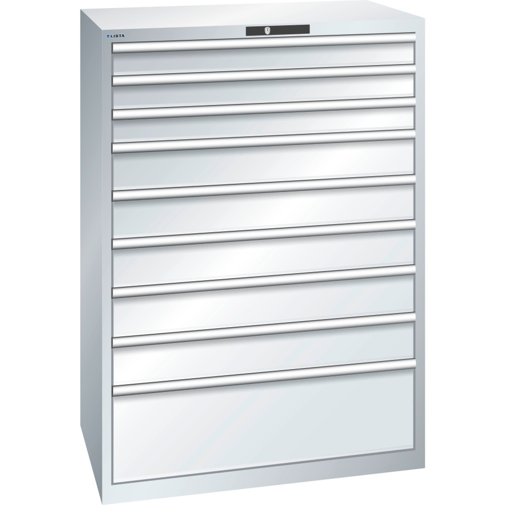 Illustration du produit: Armoire à tiroirs LISTA 54x36E, (lxPxH) 1 023x725x1 450 mm, 9 tiroirs capacité de charge 200 kg, gris clair, KEY Lock