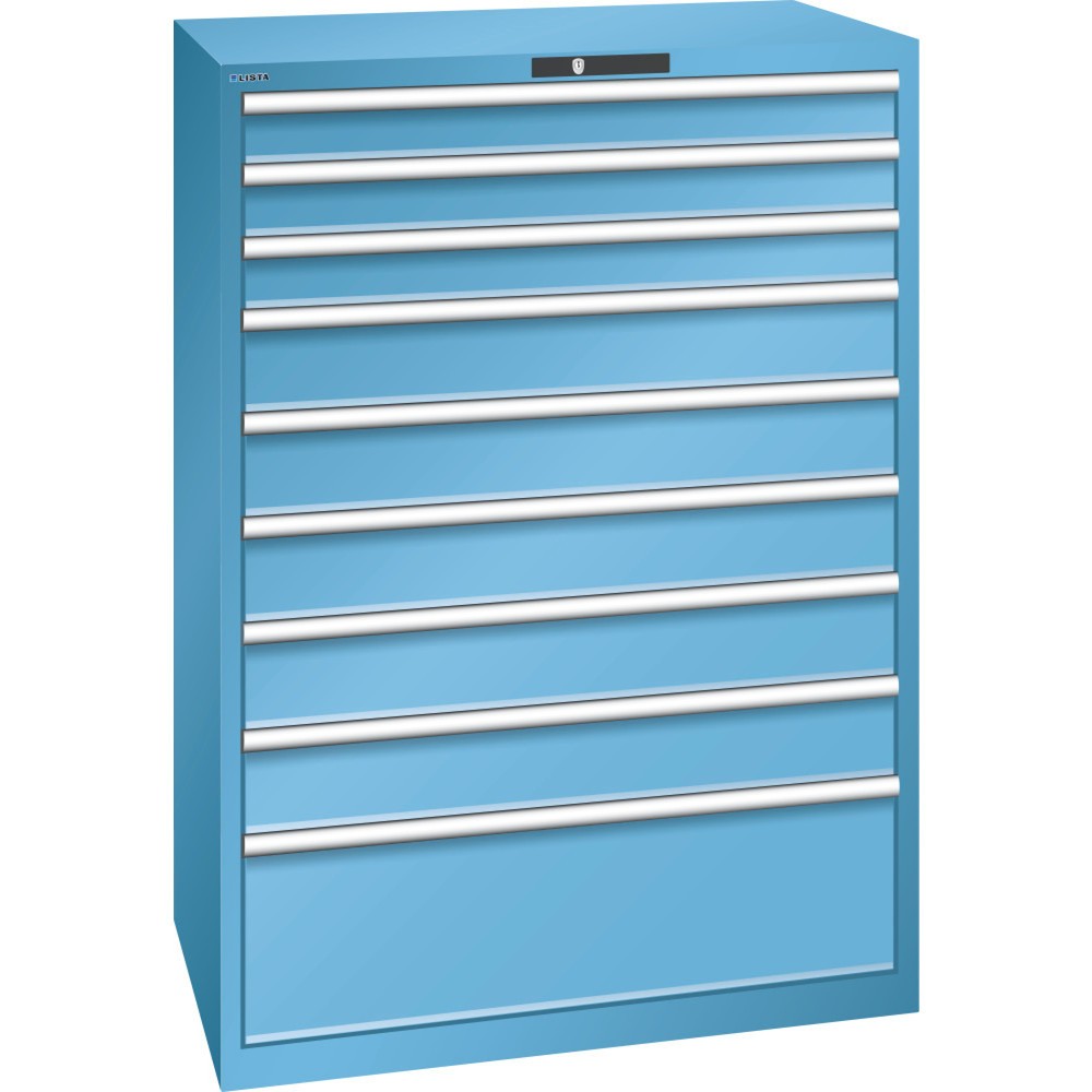 Illustration du produit: Armoire à tiroirs LISTA 54x36E, (lxPxH) 1 023x725x1 450 mm, 9 tiroirs, 3 x 100 / 5 x 150 / 1 x 300, bleu clair, KEY Lock