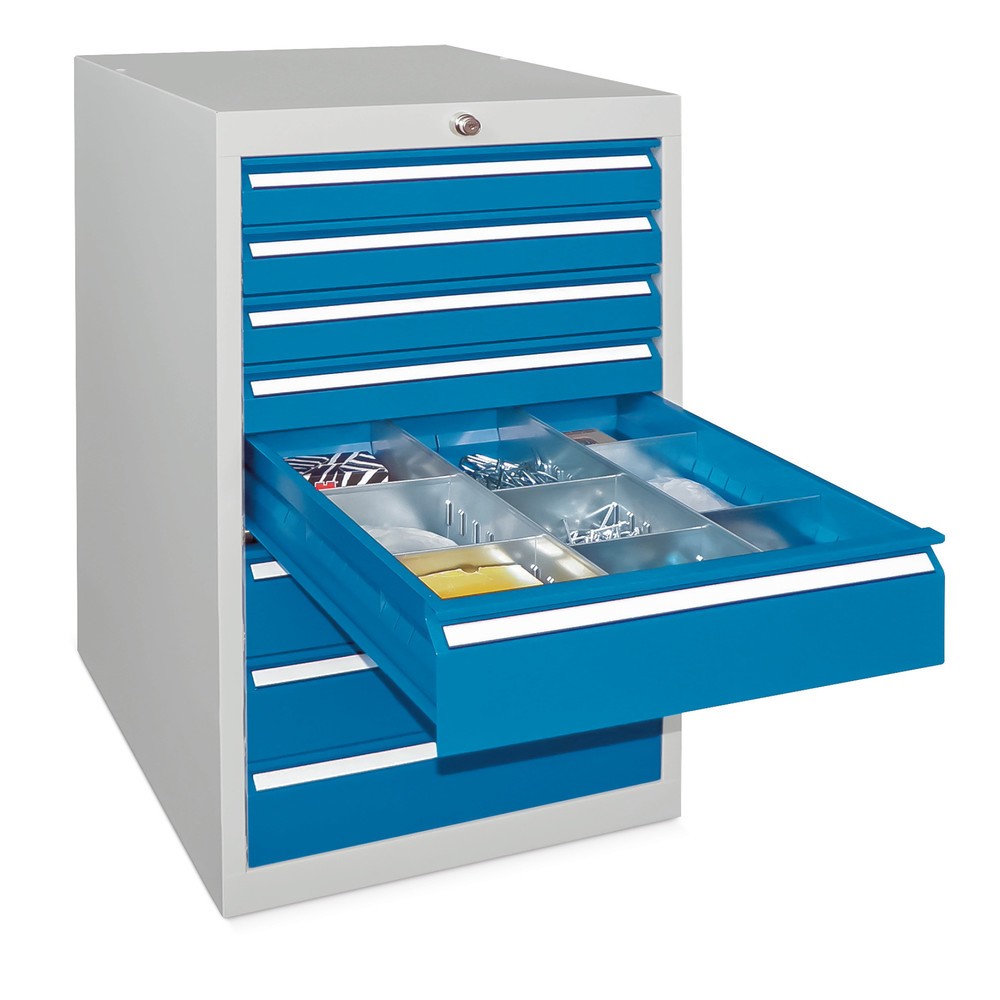 Illustration du produit: Armoire à tiroirs PAVOY, hauteur 1 000 mm, tiroirs 8 x 75 mm + 1 x 100 mm + 1 x 200 mm, largeur 500 mm, gris clair, bleu gentiane