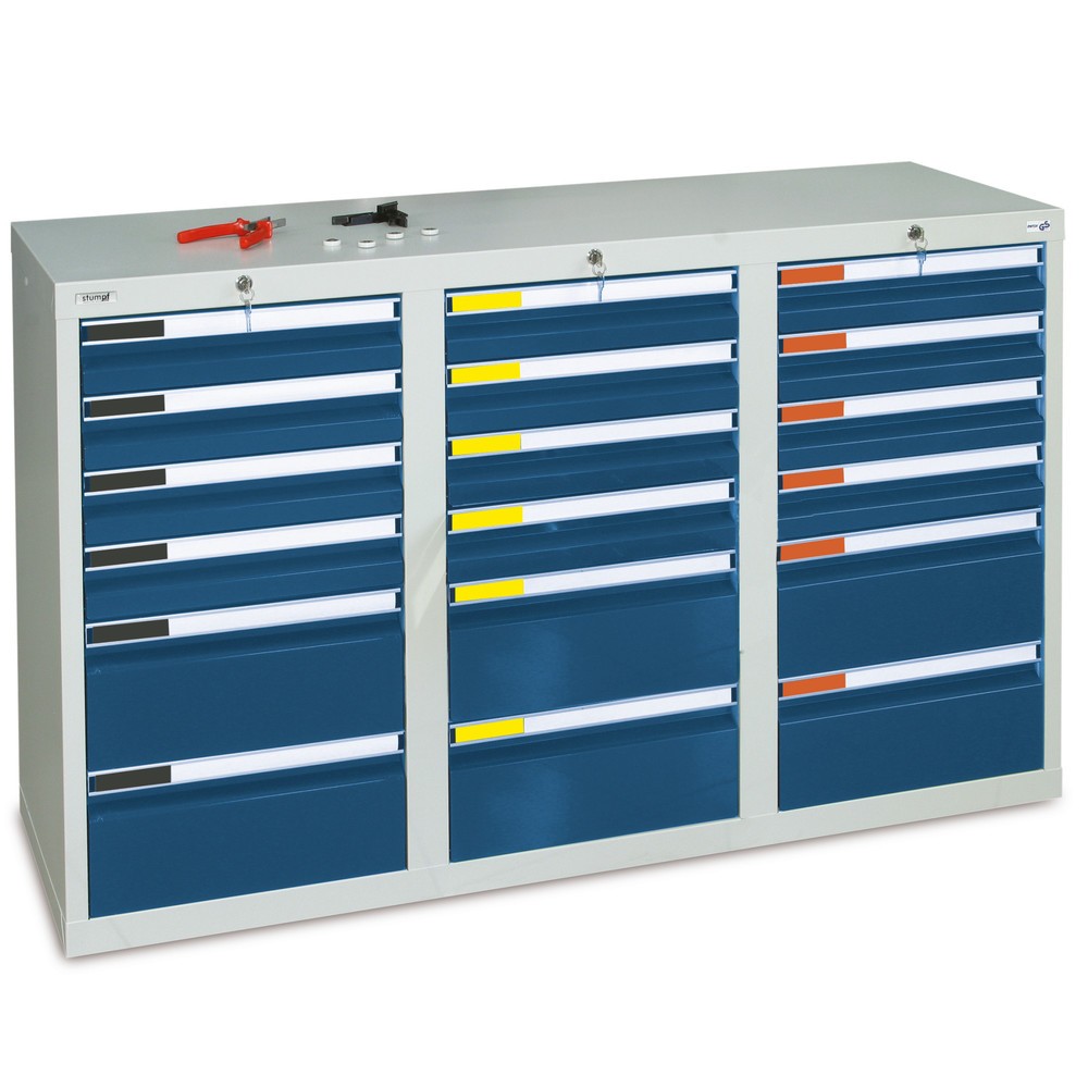 Illustration du produit: Armoire à tiroirs stumpf® Premium, tiroirs de 12 x 100 + 6 x 200 mm, H x l x P 900 x 1 500 x 500 mm, gris clair