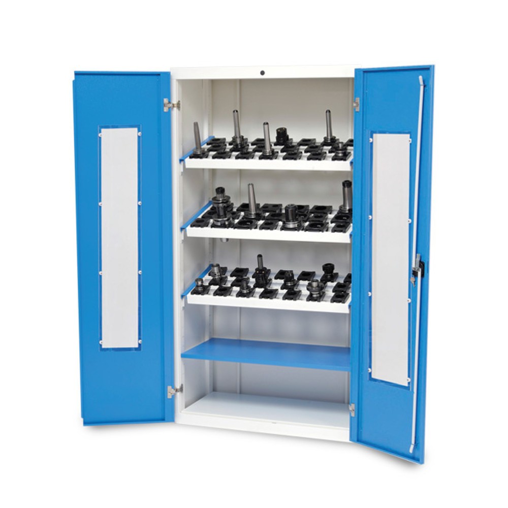 Illustration du produit: Armoire à vitrines CNC Bedrunka+Hirth, H x l x P 1 838 x 980 x 500 mm, gris clair, bleu clair, avec 3 cadres porte-outils CNC, 1 tablette