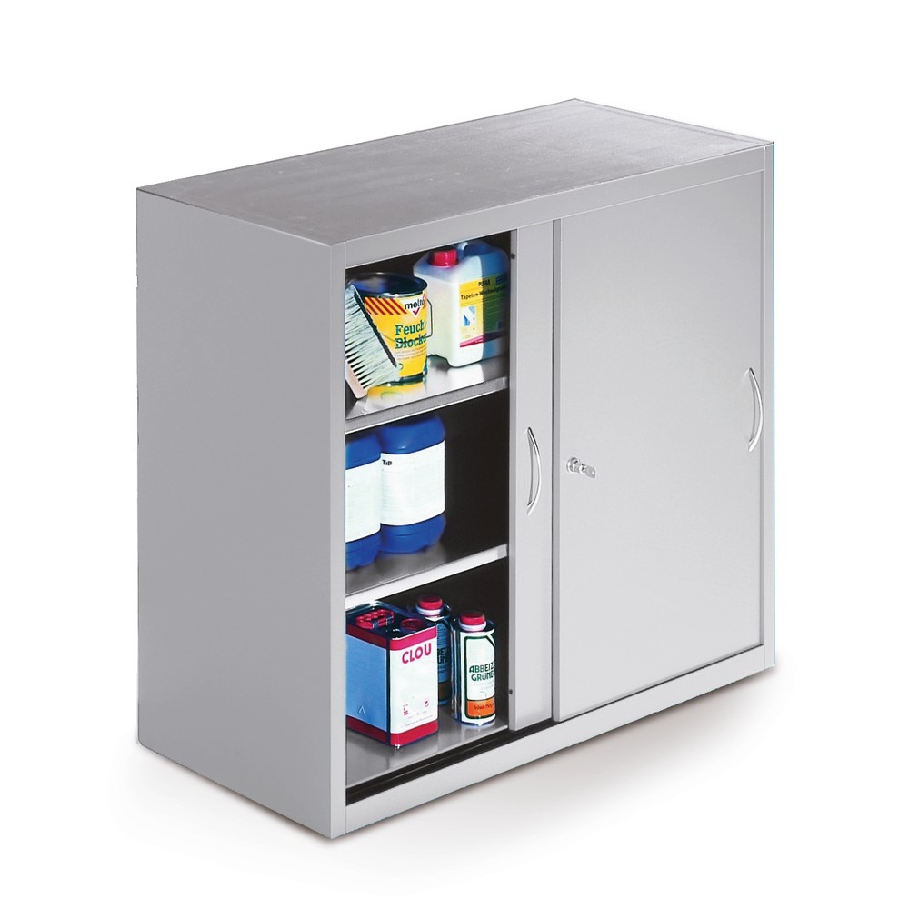 N° de l'image du produit 2 : Armoire d’appoint d’atelier C+P avec 2 tablettes, H x l x P 1 000 x 1 600 x 500 mm, cloison de séparation, gris clair, bleu gentiane