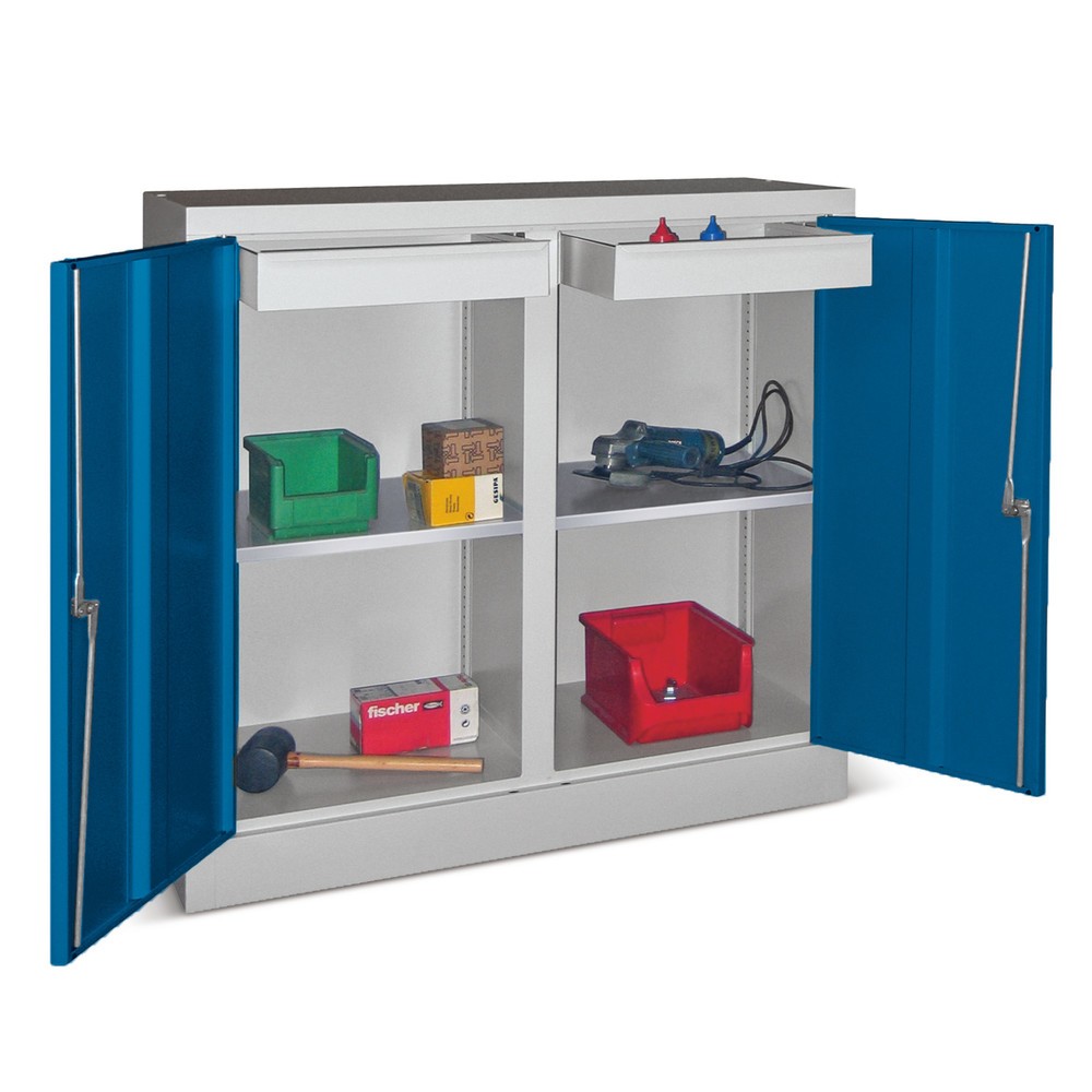 Illustration du produit: PAVOY Armoire de bureau avec 2 tablettes + 2 tiroirs, HxlxP 1 000 x 1 000 x 500 mm, paroi de séparation, gris clair, gris clair