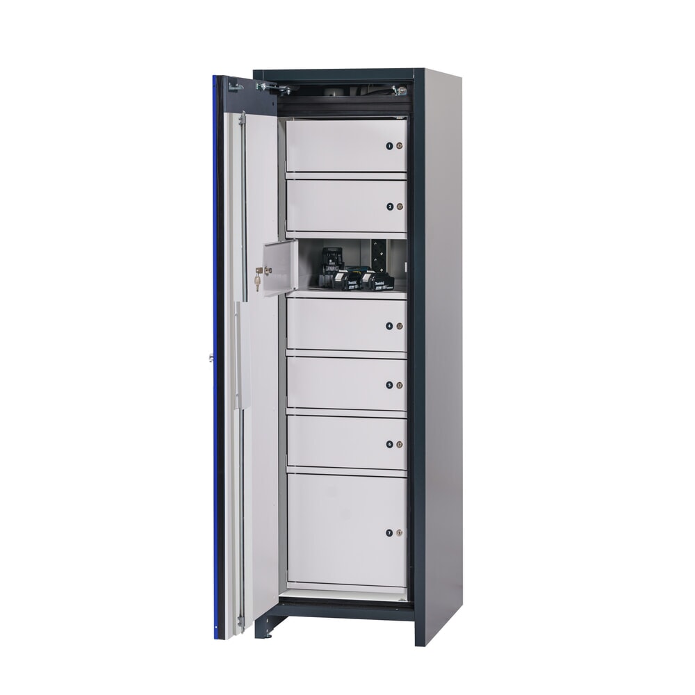 N° de l'image du produit 3 : Armoire de sécurité asecos® pour batterie type 90 pour batterie lithium-ions ION-CORE-CHARGE, HxlxP 1 953 x 599 x 615 mm, 1 système de casiers, 1 bac de rétention au sol, 2 multiprises (version UE)