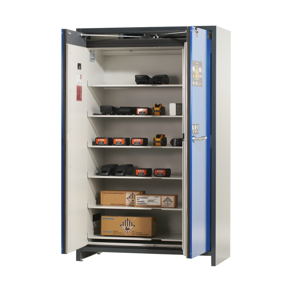 N° de l'image du produit 6 : Armoire de sécurité asecos® pour batterie type 90 pour batterie lithium-ions ION-CORE-STORE, haut. x larg. x prof. 1 953 x 1 193 x 615 mm, 6 étagères isolées, 1 bac de rétention au sol
