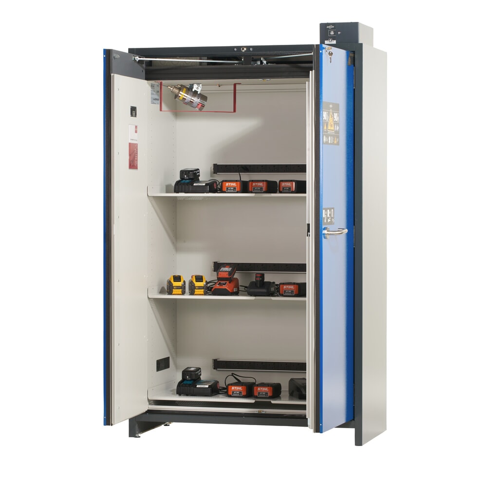N° de l'image du produit 7 : Armoire de sécurité asecos® pour batterie lithium-ions type 90 ION-PRO-CHARGE, HxLxP 2.224 x 1.193 x 615 mm, 3x tablettes isolées, 3x multiprises (version UE), 1x bac de rétention au sol