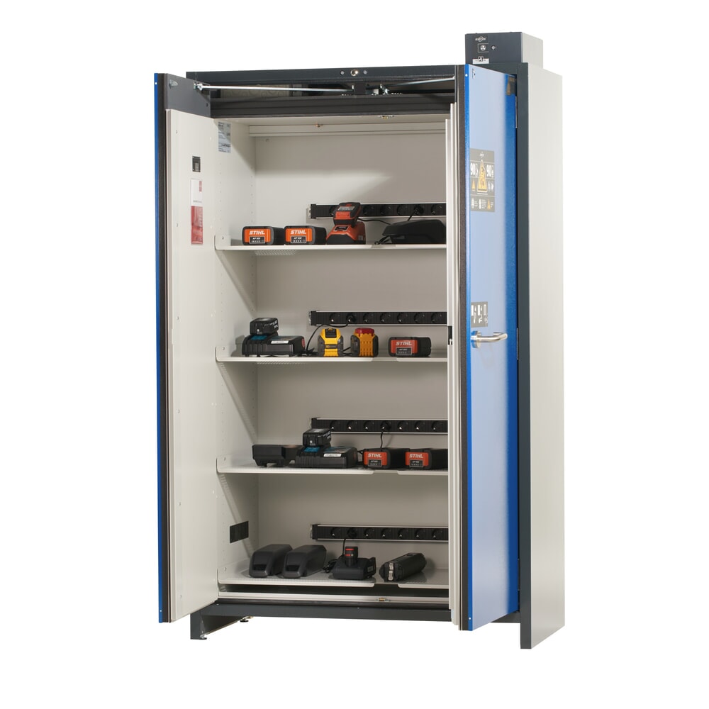 N° de l'image du produit 6 : Armoire de sécurité asecos® pour batterie lithium-ions type 90 ION-PRO-CHARGE, HxLxP 2.224 x 1.193 x 615 mm, 4x tablettes isolées, 4x multiprises (version UE), 1x bac de rétention au sol