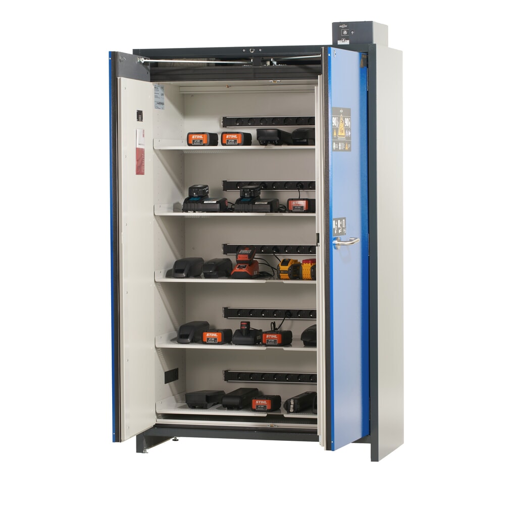 N° de l'image du produit 6 : Armoire de sécurité asecos® pour batterie lithium-ions type 90 ION-PRO-CHARGE, HxLxP 2.224 x 1.193 x 615 mm, 5x tablettes isolées, 5x multiprises (version UE), 1x bac de rétention au sol