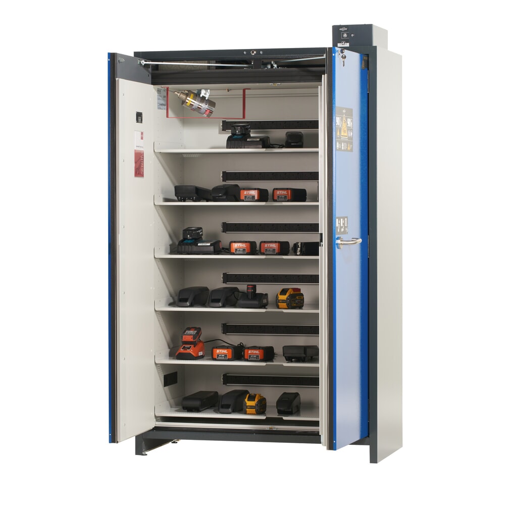 N° de l'image du produit 7 : Armoire de sécurité asecos® pour batterie lithium-ions type 90 ION-PRO-CHARGE, HxLxP 2.224 x 1.193 x 615 mm, 6x tablettes isolées, 6x multiprises (version UE), 1x bac de rétention au sol