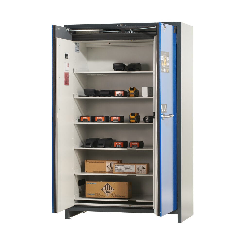 N° de l'image du produit 7 : Armoire de sécurité asecos® pour batterie type 90 pour batterie lithium-ions ION-PRO-STORE, haut. x larg. x prof. 1 953 x 1 193 x 615 mm, 6 étagères isolées, 1 bac de rétention au sol