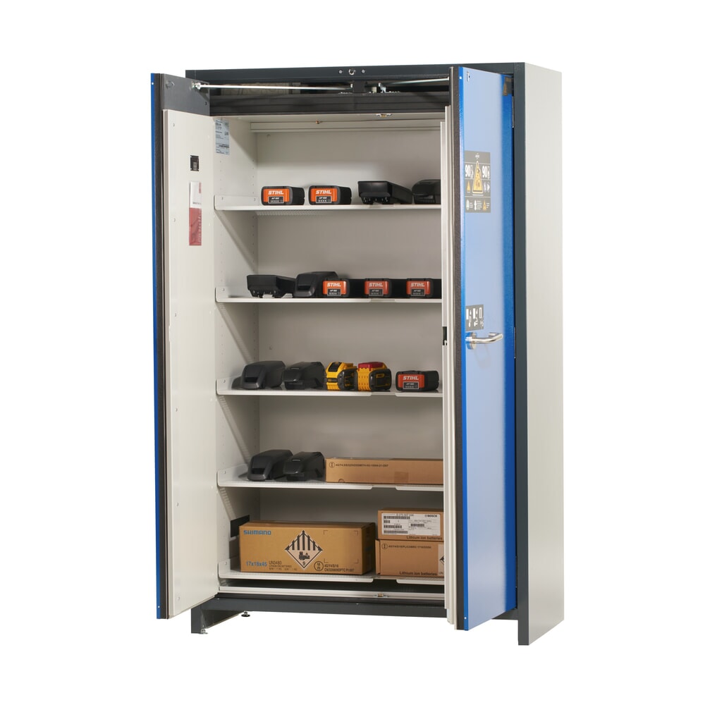 N° de l'image du produit 7 : Armoire de sécurité asecos® pour batterie type 90 pour batterie lithium-ions ION-PRO-STORE, haut. x larg. x prof. 1 953 x 1 193 x 615 mm, 5 étagères isolées, 1 bac de rétention au sol