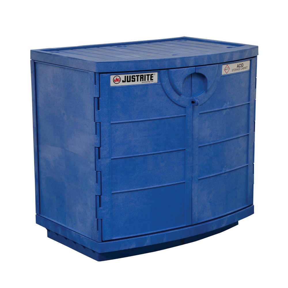 Illustration du produit: Armoire à produits chimiques Justrite® en polyéthylène (PE) pour produits chimiques corrosifs, HxlxP 900 x 910 x 640 mm, 1 tablette, fermeture manuelle
