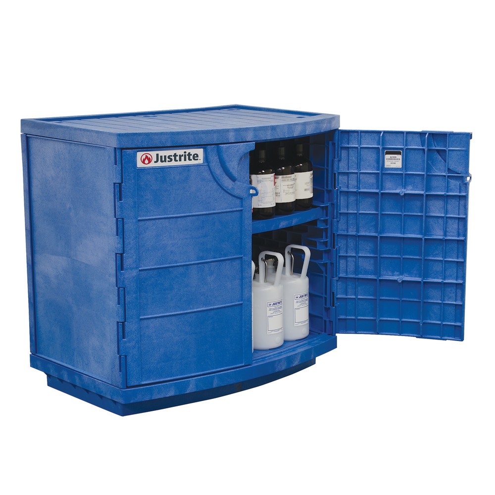 N° de l'image du produit 2 : Armoire à produits chimiques Justrite® en polyéthylène (PE) pour produits chimiques corrosifs, HxlxP 900 x 910 x 640 mm, 1 tablette, fermeture manuelle