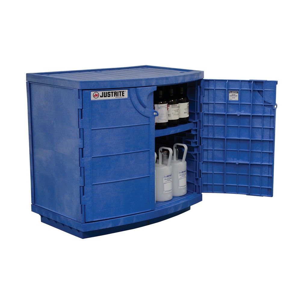 N° de l'image du produit 3 : Armoire à produits chimiques Justrite® en polyéthylène (PE) pour produits chimiques corrosifs, HxlxP 900 x 910 x 640 mm, 1 tablette, fermeture manuelle