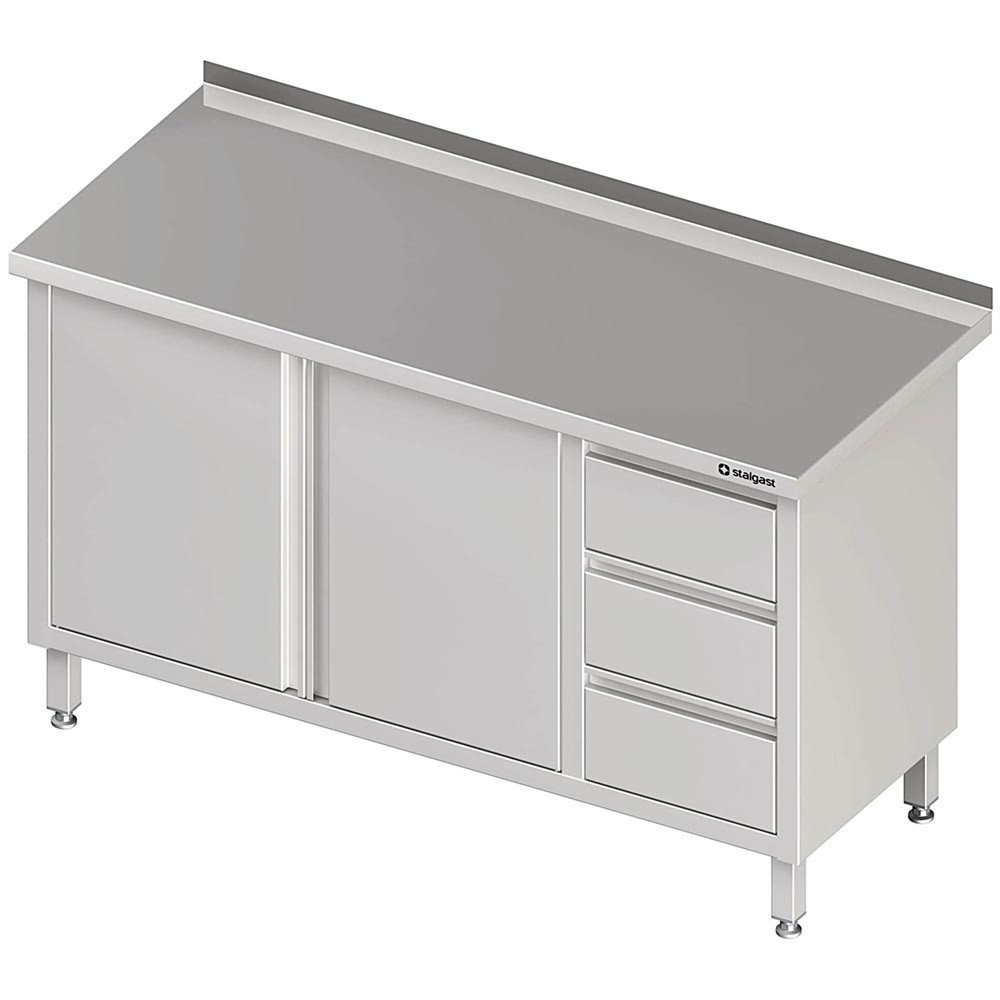 Illustration du produit: Armoire de travail Stalgast à portes battantes, 1100x600x850 mm, avec bloc 3 tiroirs à droite, avec rebord, soudée