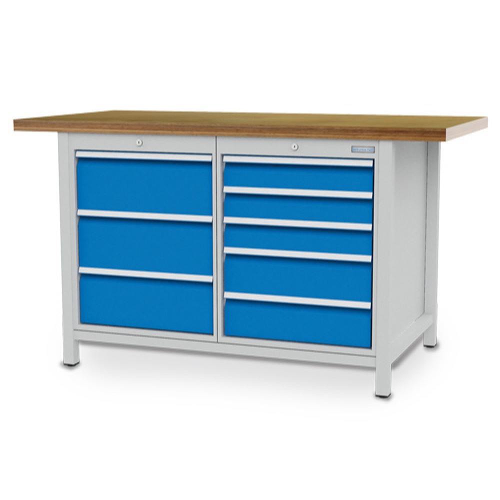 Illustration du produit: Armoire établi R 18-24 Bedrunka+Hirth, H x l x P 859 x 1 500 x 750 mm, gris clair, bleu clair, 8 tiroirs 3 x 200 + 3 x 100 + 2 x 150 mm