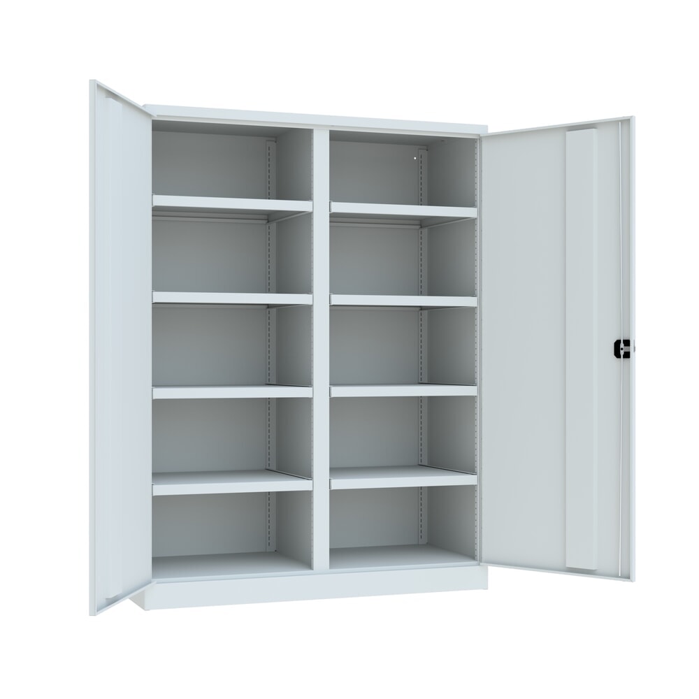 N° de l'image du produit 3 : Armoire industrielle pour charges lourdes PAVOY Premium avec paroi intermédiaire, 8 tablettes, H x l x P 1 950 x 1 470 x 630 mm, gris clair, gris clair
