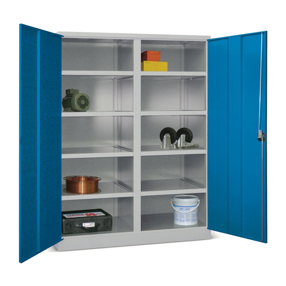 N° de l'image du produit 1 : Armoire industrielle pour charges lourdes PAVOY Premium avec paroi intermédiaire, 8 tablettes, H x l x P 1 950 x 1 470 x 630 mm, bleu ciel, gris clair
