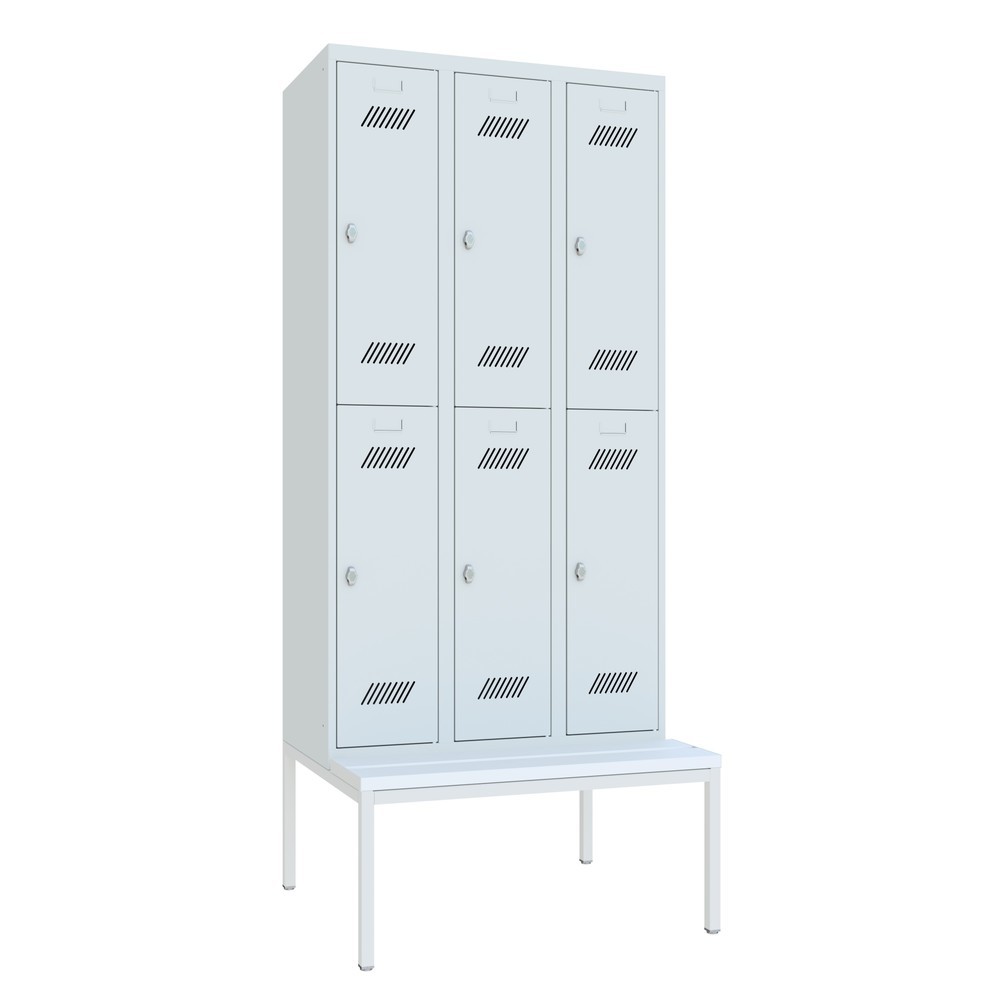 Illustration du produit: Armoire-penderie avec banc PAVOY, 2 niveaux, 3 x 2 compartiments de 300 mm, fermeture à pêne tournant, gris clair, gris clair