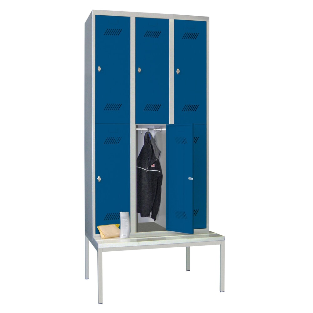 N° de l'image du produit 2 : Armoire-penderie avec banc PAVOY, 2 niveaux, 3 x 2 compartiments de 300 mm, fermeture à pêne tournant, bleu gentiane, gris clair
