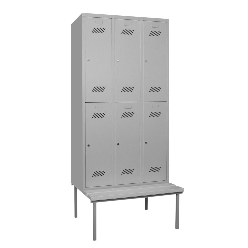 N° de l'image du produit 1 : Armoire-penderie avec banc PAVOY, 2 niveaux, 3 x 2 compartiments de 400 mm, fermeture à pêne tournant, gris clair, gris clair