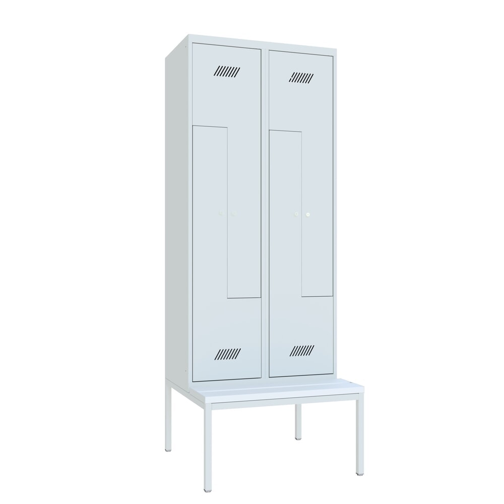 N° de l'image du produit 2 : Armoire-penderie en Z avec banc PAVOY, 4 compartiments, serrure à cylindre, gris clair, gris clair, Plastique, blanc