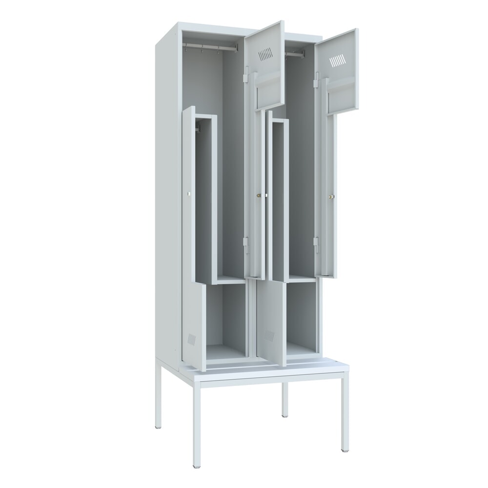 N° de l'image du produit 3 : Armoire-penderie en Z avec banc PAVOY, 4 compartiments, serrure à cylindre, gris clair, gris clair, Plastique, blanc