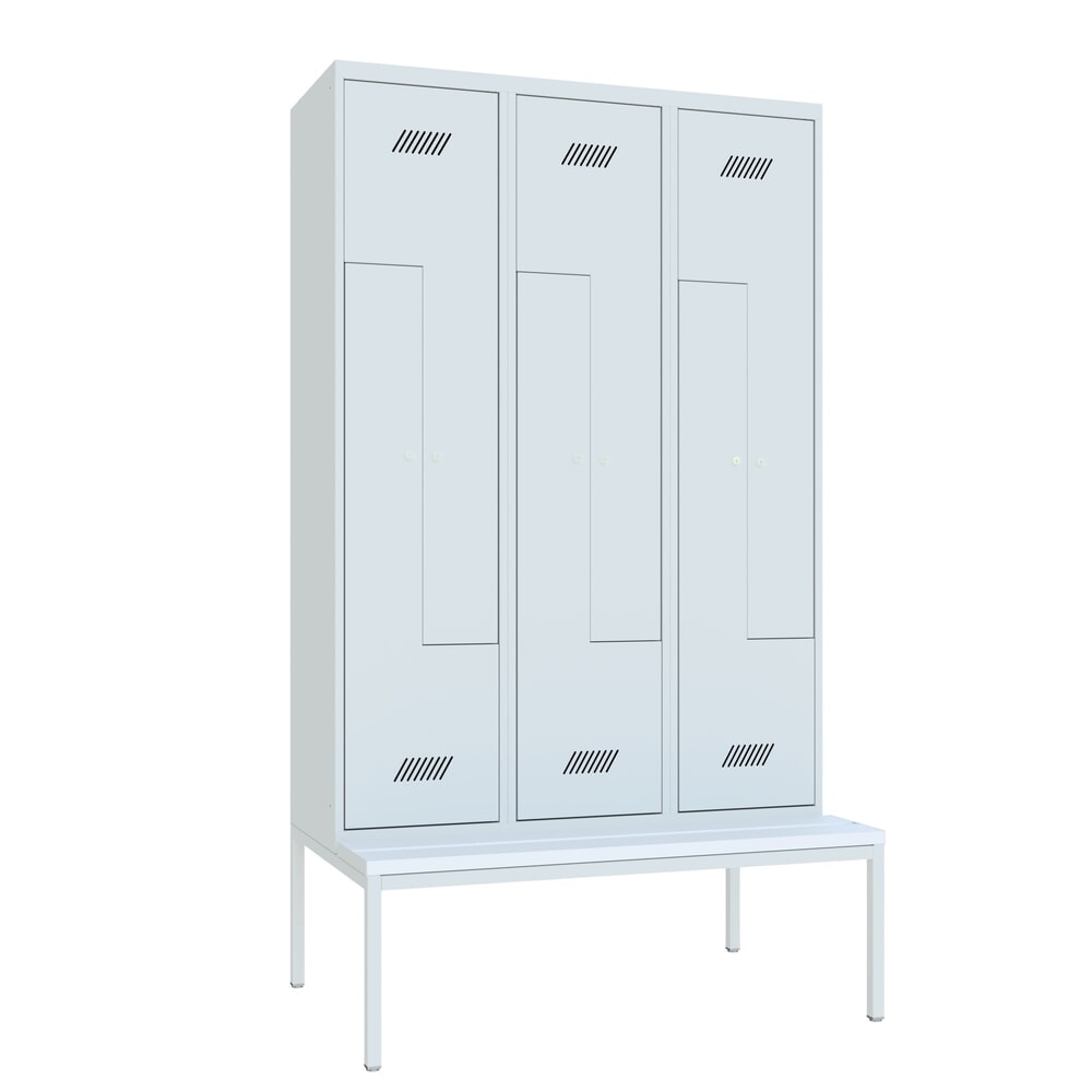 N° de l'image du produit 2 : Armoire-penderie en Z avec banc PAVOY, 6 compartiments, serrure à cylindre, gris clair, gris clair, Plastique, blanc
