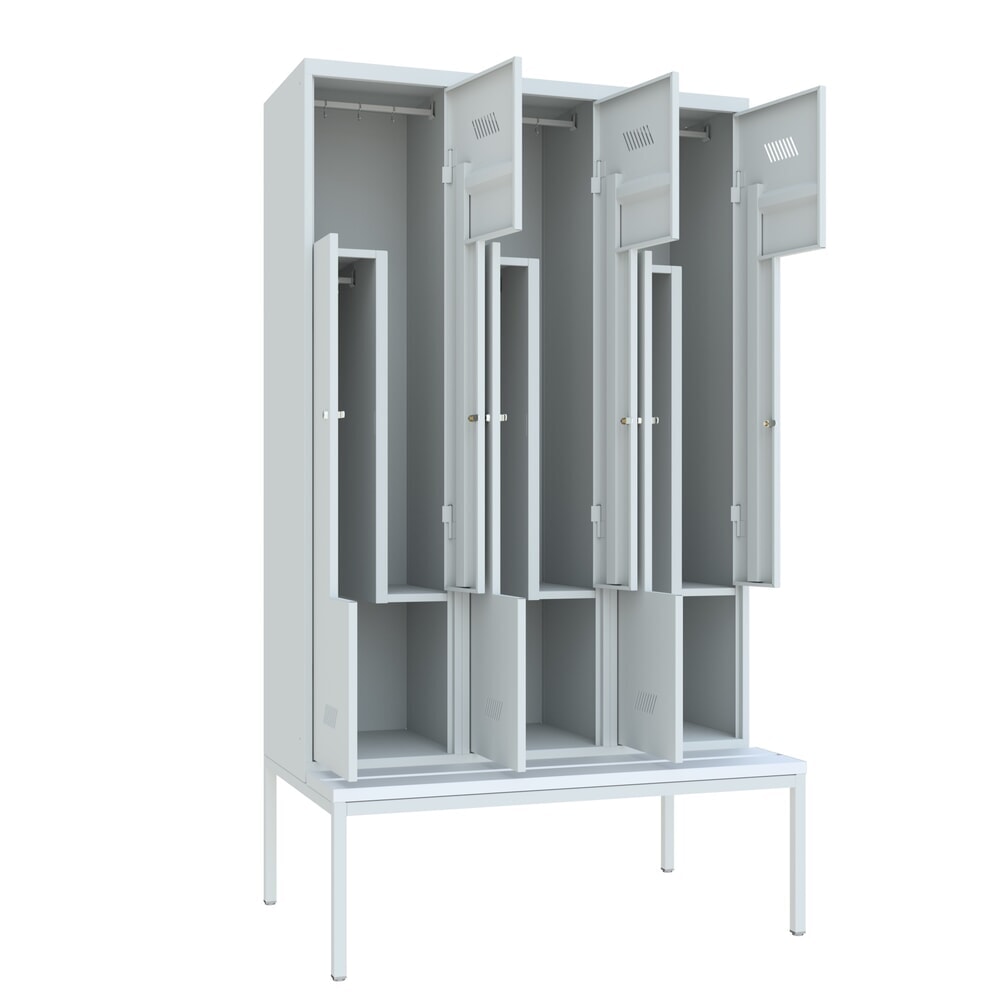 N° de l'image du produit 3 : Armoire-penderie en Z avec banc PAVOY, 6 compartiments, serrure à cylindre, gris clair, gris clair, Plastique, blanc