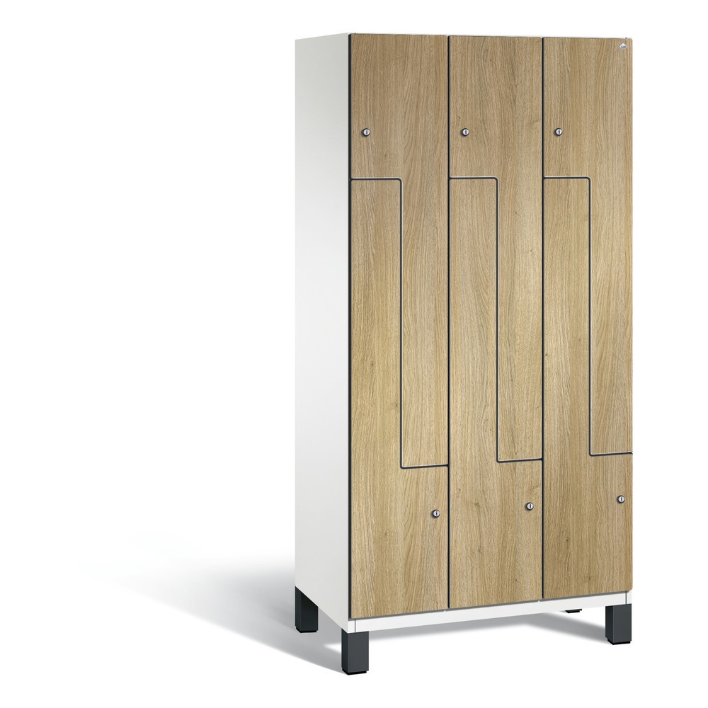 Illustration du produit: Casier Z C+P Cambio, 3 compartiments, largeur de casier 300 mm, haut. x larg. x prof. 1980 x 900 x 525 mm, RAL 9016 blanc signalisation, décor chêne Sereno, pieds