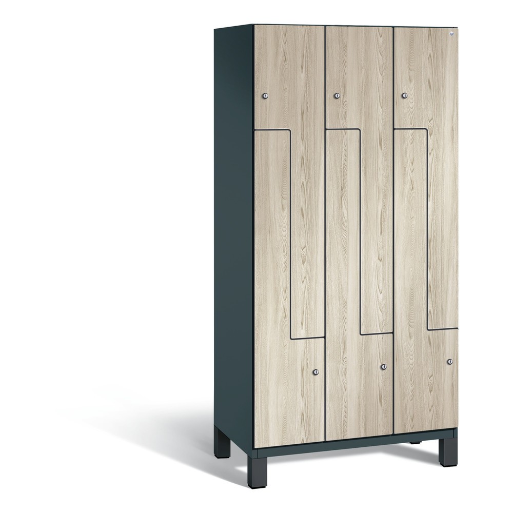 Illustration du produit: Casier Z C+P Cambio, 3 compartiments, largeur de casier 300 mm, haut. x larg. x prof. 1 980 x 900 x 525 mm, gris anthracite RAL 7016, décor frêne Sen, pieds
