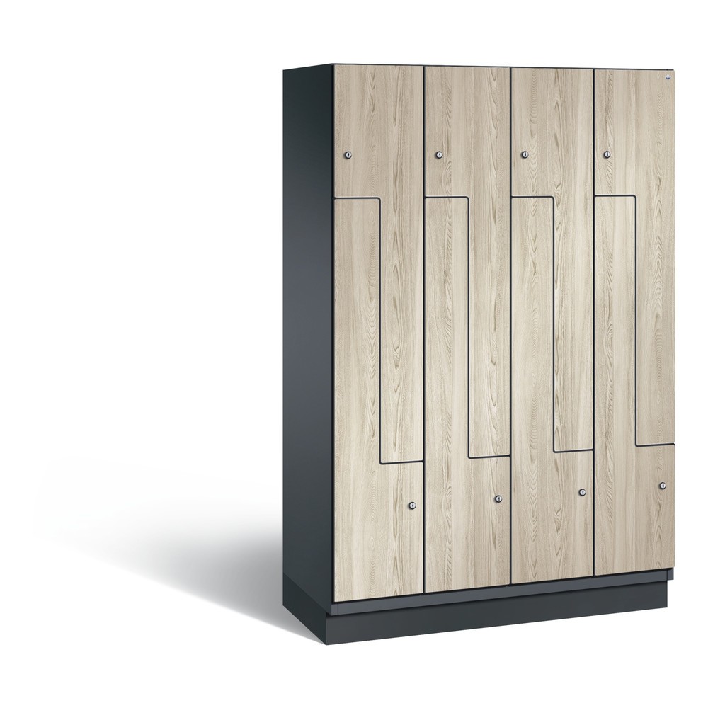 Illustration du produit: Casier Z C+P Cambio, 4 compartiments, largeur de casier 300 mm, haut. x larg. x prof. 1980 x 1200 x 525 mm, RAL 7021 gris noir, Décor frêne Sen, socle