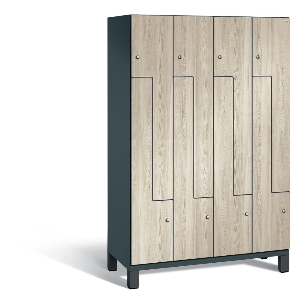 Illustration du produit: Casier Z C+P Cambio, 4 compartiments, largeur de casier 300 mm, haut. x larg. x prof. 1 980 x 1 200 x 525 mm, gris anthracite RAL 7016, décor frêne Sen, pieds