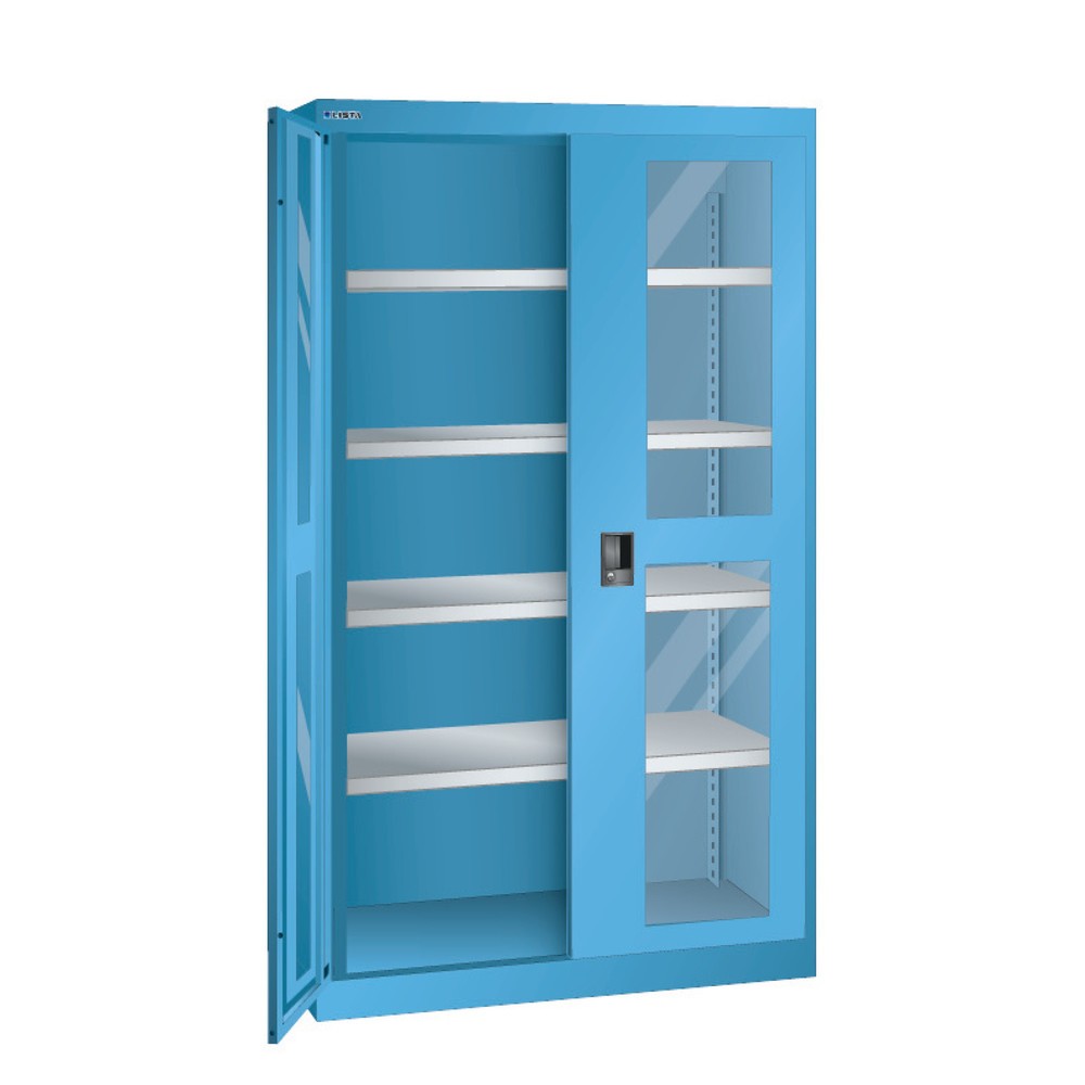 Illustration du produit: Armoire pour charges lourdes LISTA avec vitres transparentes, 4 tablettes, H x l x P 1 950 x 1 100 x 641 mm, bleu clair