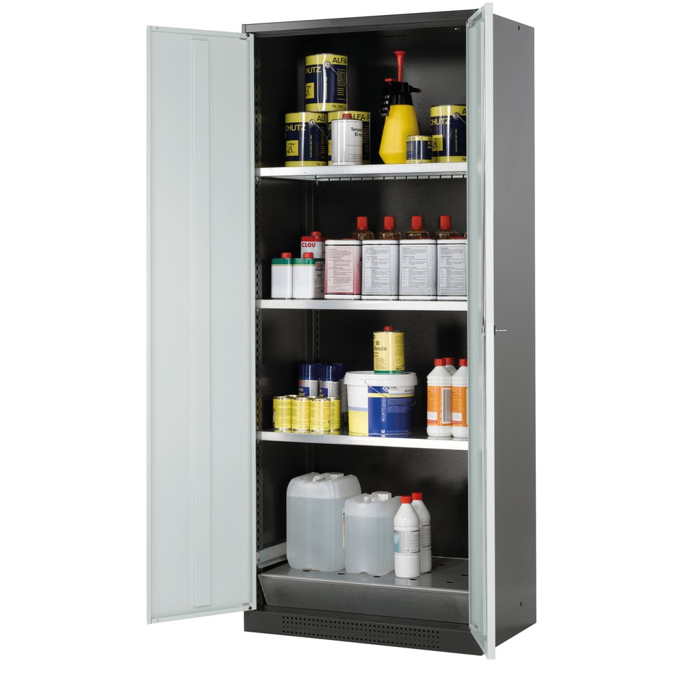 Illustration du produit: armoire à produits chimiques asecos® CS-CLASSIC, avec bac de rétention au sol en tôle perforée et 3 tablettes, haut. x larg. x prof. 1 950 x 810 x 520 mm, gris clair