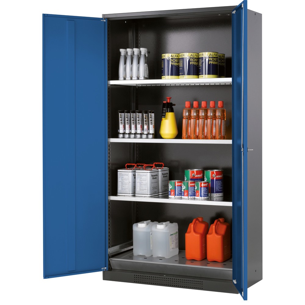 Illustration du produit: armoire à produits chimiques asecos® CS-CLASSIC, avec bac de rétention au sol en tôle perforée et 3 tablettes, haut. x larg. x prof. 1 950 x 1 055 x 520 mm, bleu gentiane