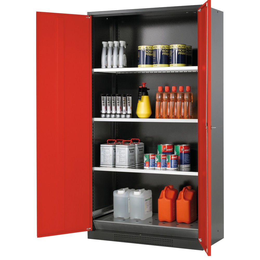 Illustration du produit: armoire à produits chimiques asecos® CS-CLASSIC, avec bac de rétention au sol en tôle perforée et 3 tablettes, haut. x larg. x prof. 1 950 x 1 055 x 520 mm, rouge signalisation