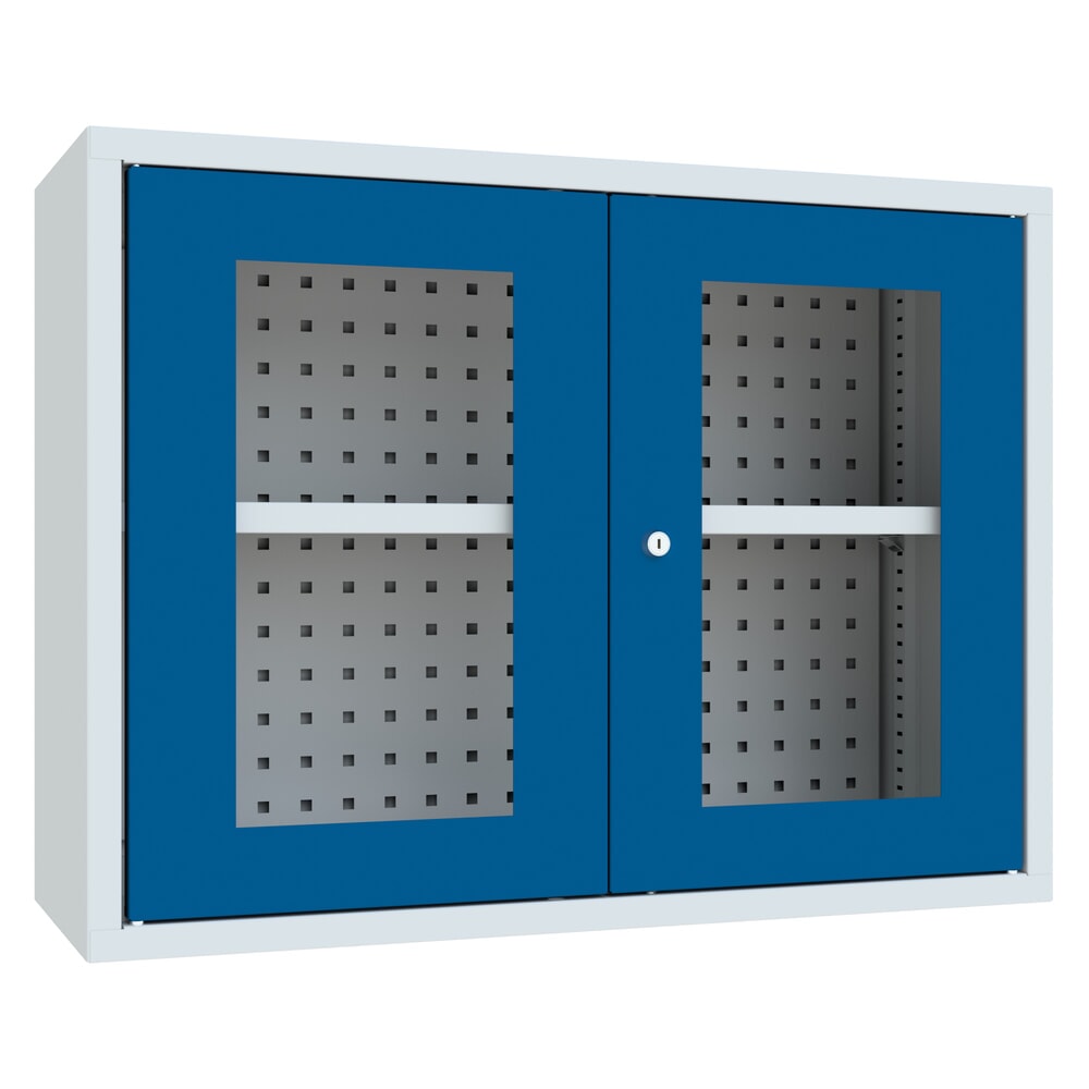 Illustration du produit: Armoire suspendue PAVOY avec regard, H x l x P 600 x 800 x 300 mm, paroi arrière perforée, bleu gentiane, gris clair