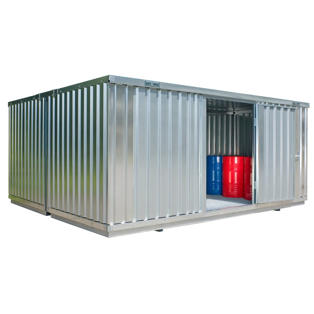 Produktabbildung: SAFE Tank Gefahrstoffcontainer Kombination 4000 ALG, verzinkt, vormontiert, Maße außen 5080x4340x2300 mm, Einzelflügelür, mittig in der langen Seite, Lagerfläche 21 m²