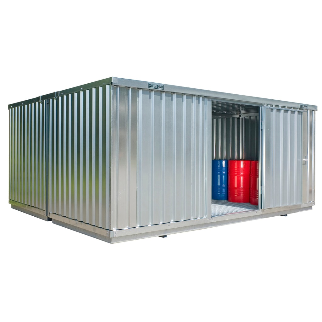 SAFE Tank Gefahrstoffcontainer Kombination 4000 ALG, verzinkt, vormontiert, Maße außen 5080x4340x2300 mm, Einzelflügelür, mittig in der langen Seite, Lagerfläche 21 m² Produktabbildung: SAFE Tank Gefahrstoffcontainer Kombination 4000 ALG, verzinkt, vormontiert, Maße außen 5080x4340x2300 mm, Einzelflügelür, mittig in der langen Seite, Lagerfläche 21 m²