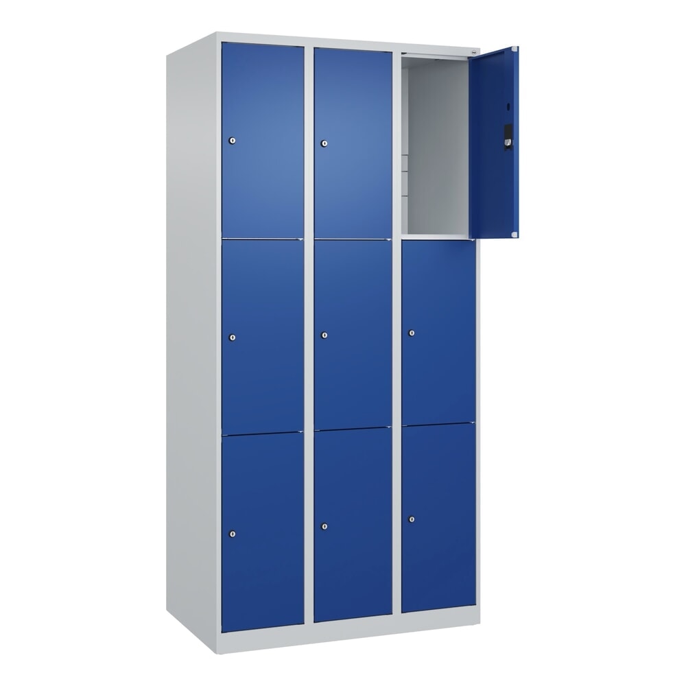 Produktabbildung: C+P Schließfachschrank Classic PLUS, 3 Abteile, HxBxT 1.850 x 900 x 500 mm, lichtgrau, enzianblau, 9 Fächer, Zylinderschloss
