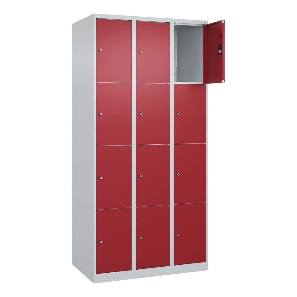Produktabbildung Nr. 1: C+P Schließfachschrank Classic PLUS, 3 Abteile, HxBxT 1.850 x 900 x 500 mm, lichtgrau, rubinrot, 12 Fächer, Zylinderschloss