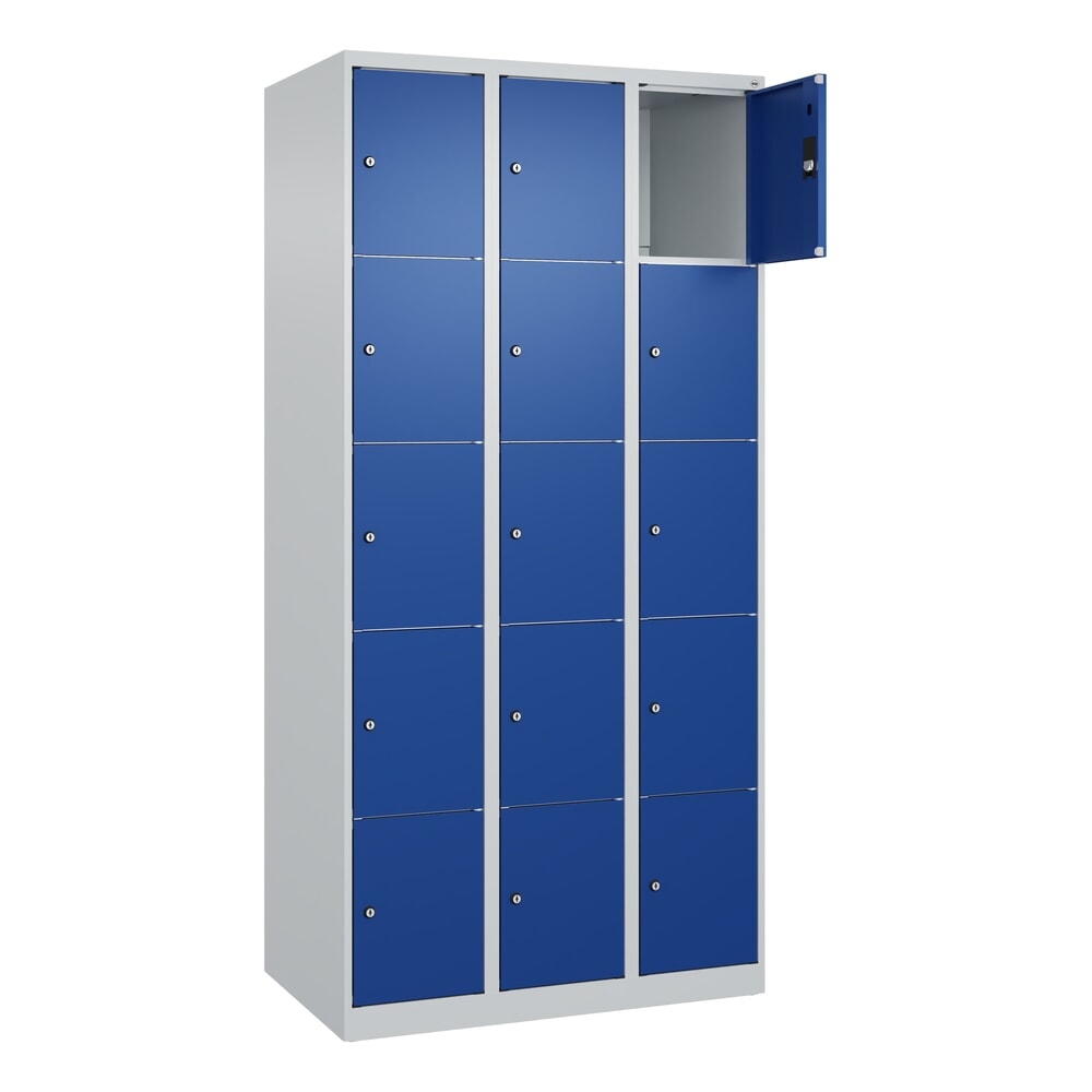 Produktabbildung: C+P Schließfachschrank Classic PLUS, 3 Abteile, HxBxT 1.850 x 900 x 500 mm, lichtgrau, enzianblau, 15 Fächer, Zylinderschloss