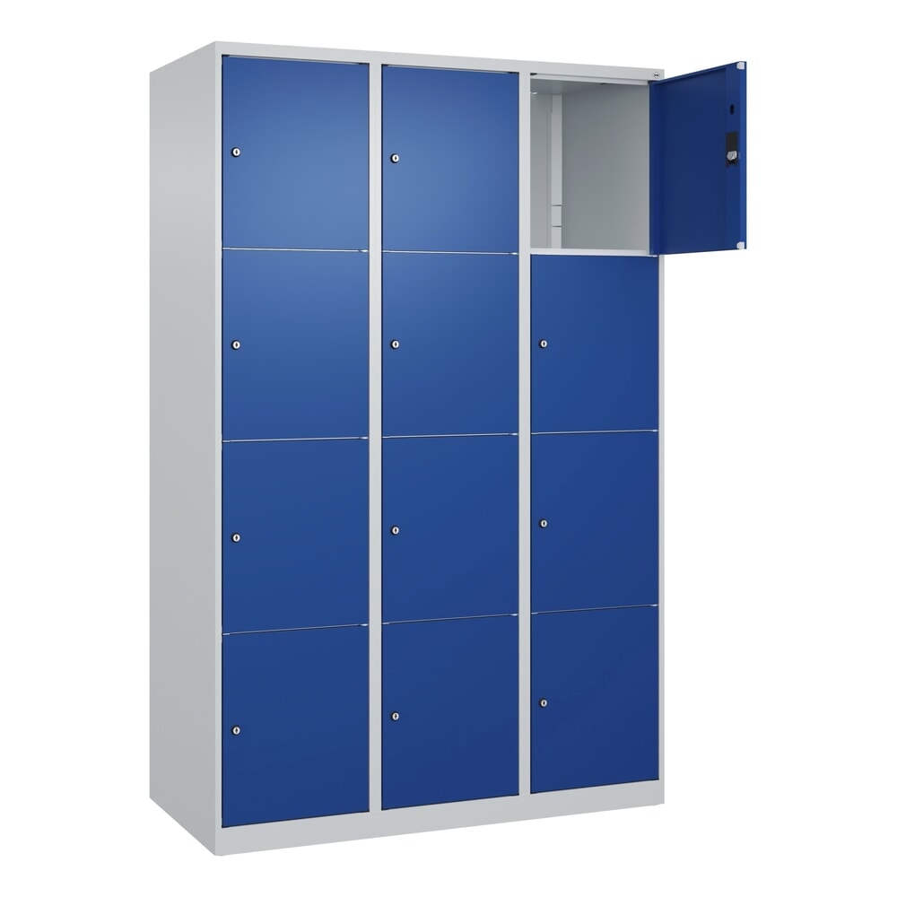 Produktabbildung: C+P Schließfachschrank Classic PLUS, 3 Abteile, HxBxT 1.850 x 1.200 x 500 mm, lichtgrau, enzianblau, 12 Fächer, Zylinderschloss