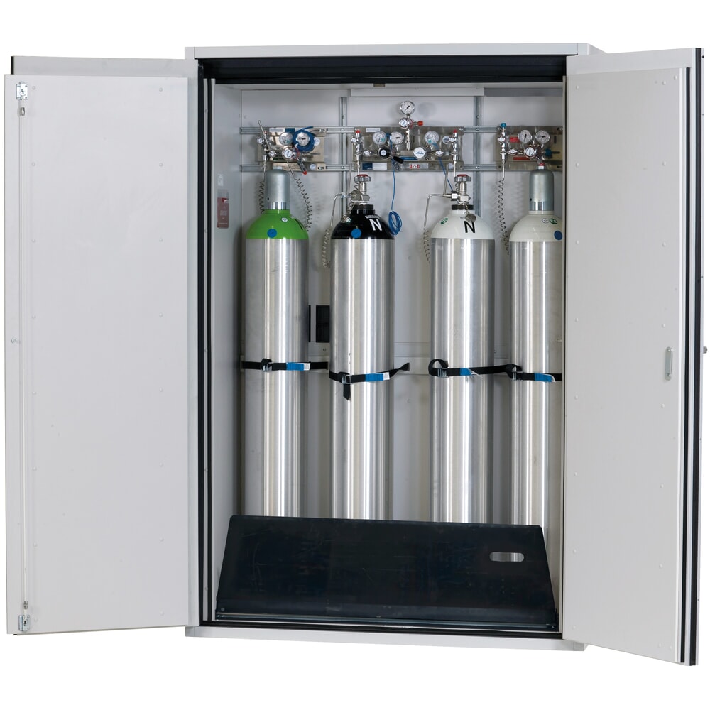 Produktabbildung: asecos® Gasflaschenschrank G-ULTIMATE-90 WD, mit Flaschenhalter, HxBxT 2.050 x 1.398 x 615 mm, für 4 x 50 Liter Flaschen