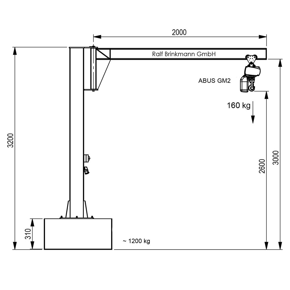 Produktabbildung Nr. 3: Brinkmann mobiler Säulenschwenkkran mit Stahl Ausleger, ABUS Kettenzug, Tragfähigkeit 160 kg, Ausladung 2m